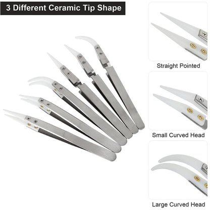 6pcs Precision Ceramic Inverted Soldering Tweezers Non-conductive Antimagnetic Pointed Curved Tips - Image 2