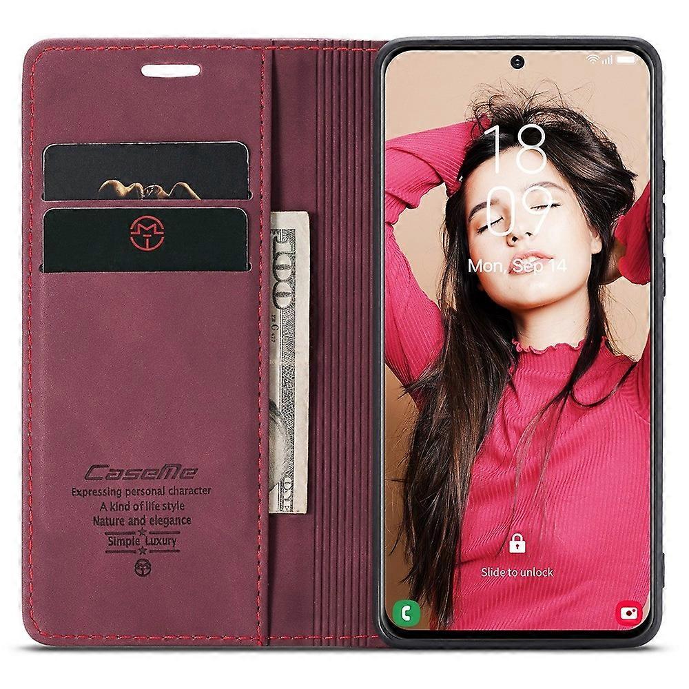 CASEME 013 Series Samsung Galaxy S21 FE Wallet Case Stand Automatic Suction PU Leather Case Red_yux Red Red - Image 2