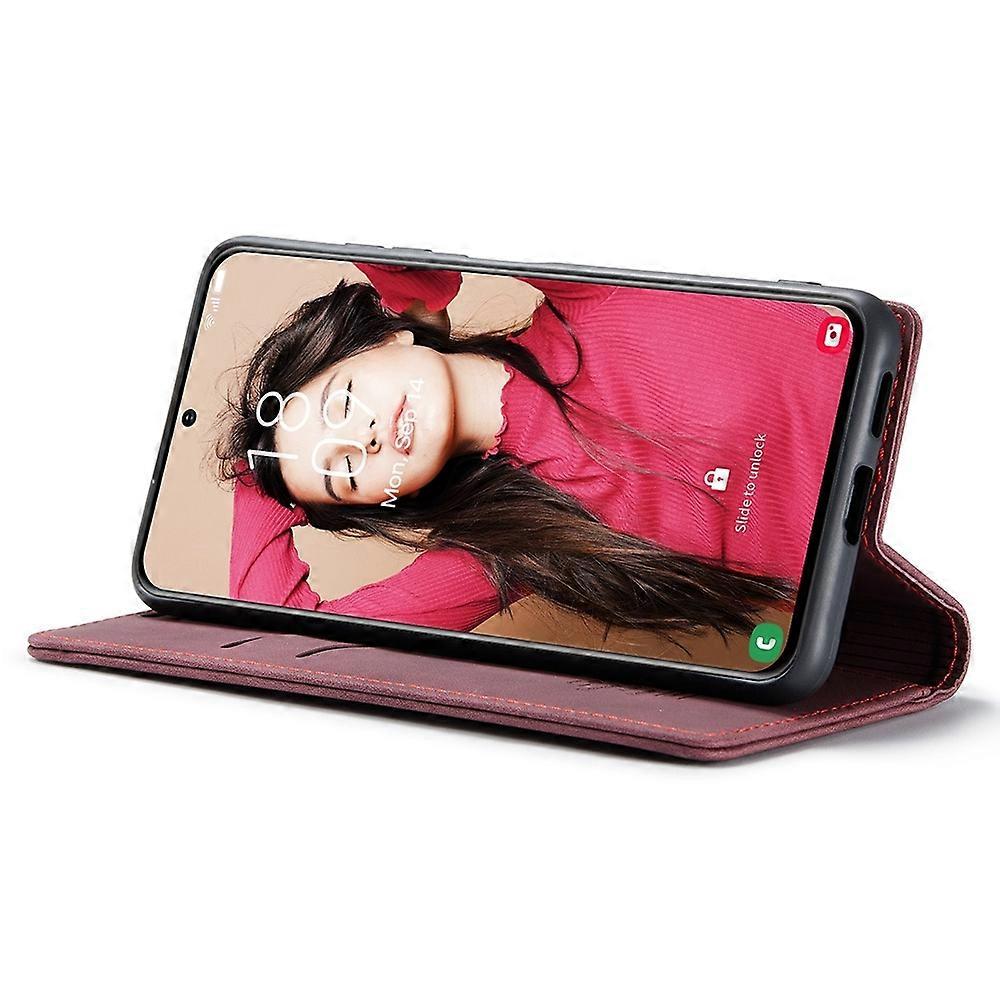CASEME 013 Series Samsung Galaxy S21 FE Wallet Case Stand Automatic Suction PU Leather Case Red_yux Red Red - Image 3