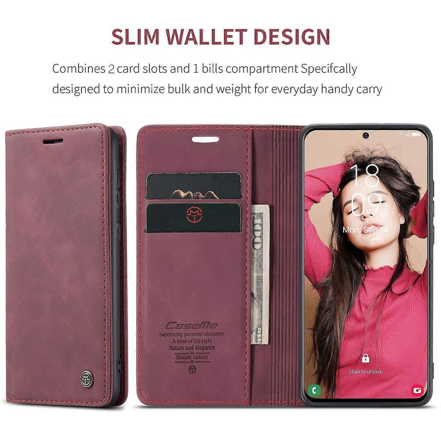 CASEME 013 Series Samsung Galaxy S21 FE Wallet Case Stand Automatic Suction PU Leather Case Red_yux Red Red - Image 4