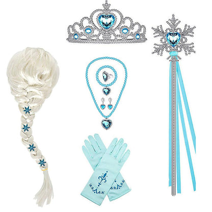 Elsa Princess Dress Clothes Cosplay Dress Up Gloves Wand Crown Jewelry Set Elsa Wig Necklace Braid