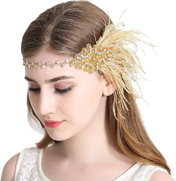 Vintage Flapper Headband 1920s Art Deco Sparkly Hairband Gatsby Feather Headpiece_yux - Image 2
