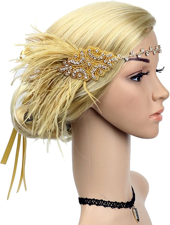 Vintage Flapper Headband 1920s Art Deco Sparkly Hairband Gatsby Feather Headpiece_yux - Image 4
