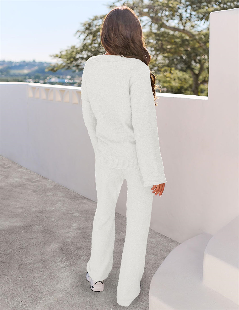 Women's 2-Piece Set Fuzzy Fleece Pajamas Set Long Sleeve Loungewear White White White S - Image 3