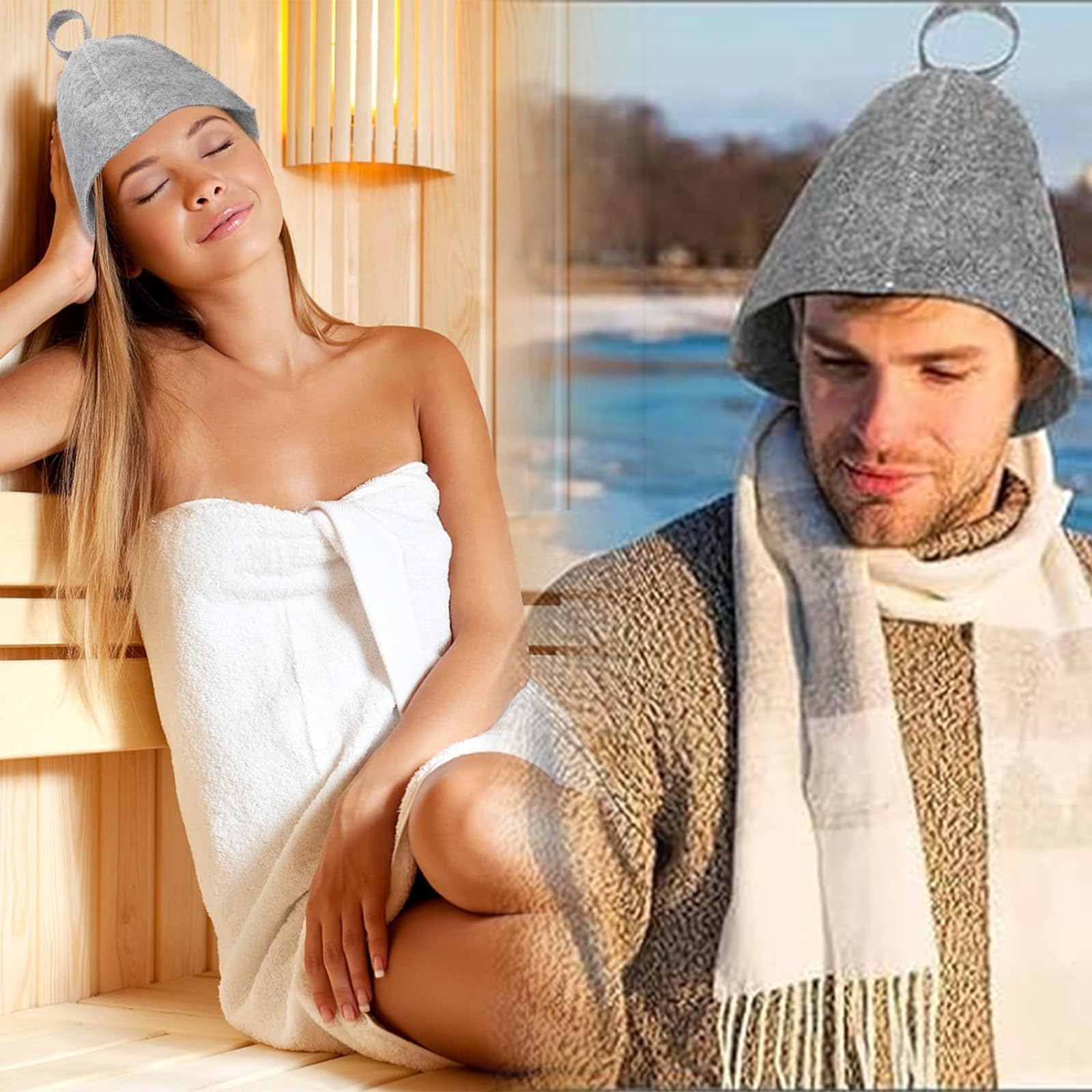 pcs sauna hats, original wool, comfortable and breathable for sauna, 100% natural sauna accessories in felt (gray and white) _jar - Image 5