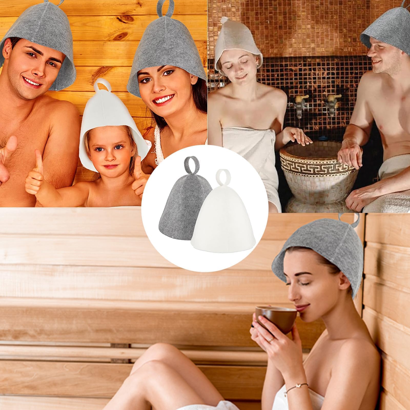 pcs sauna hats, original wool, comfortable and breathable for sauna, 100% natural sauna accessories in felt (gray and white) _jar - Image 6