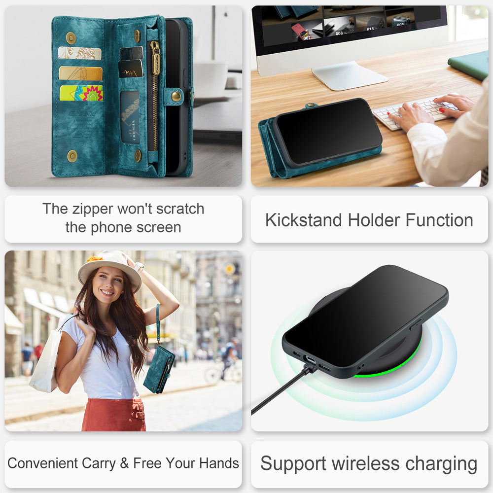 2-in-1 Detachable Wallet Case for iPhone 16 & Samsung, Retro Leather Flip Case with Card Holder & Magnetic Zipper Black Black 三星S25 - Image 4