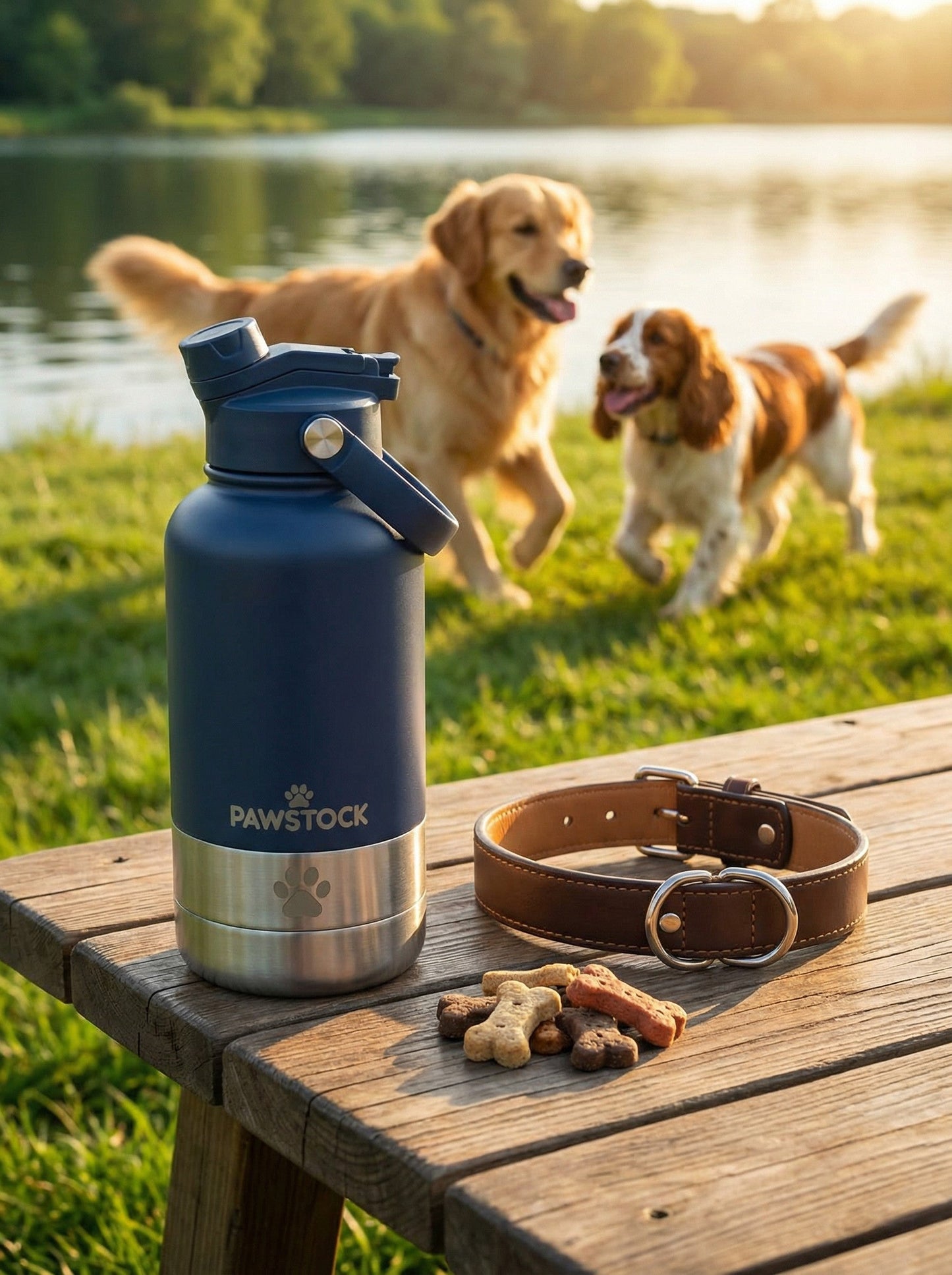 Pawstock 3-in-1 Insulated Dog Water Bottle with Dual Bowls – 1L Stainless Steel Travel Bottle - Navy - Image 2