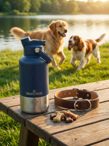 Pawstock 3-in-1 Insulated Dog Water Bottle with Dual Bowls – 1L Stainless Steel Travel Bottle - Navy - Image 2