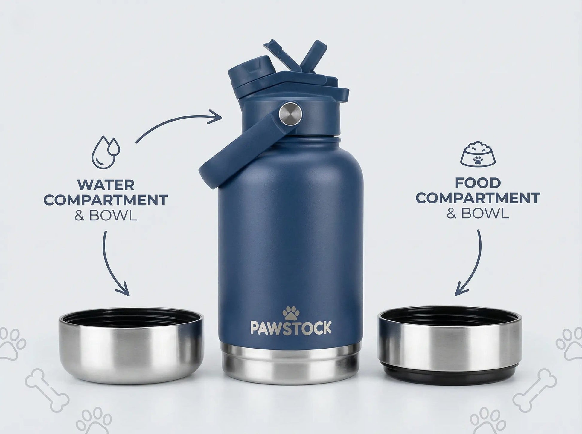 Pawstock 3-in-1 Insulated Dog Water Bottle with Dual Bowls – 1L Stainless Steel Travel Bottle - Navy - Image 3