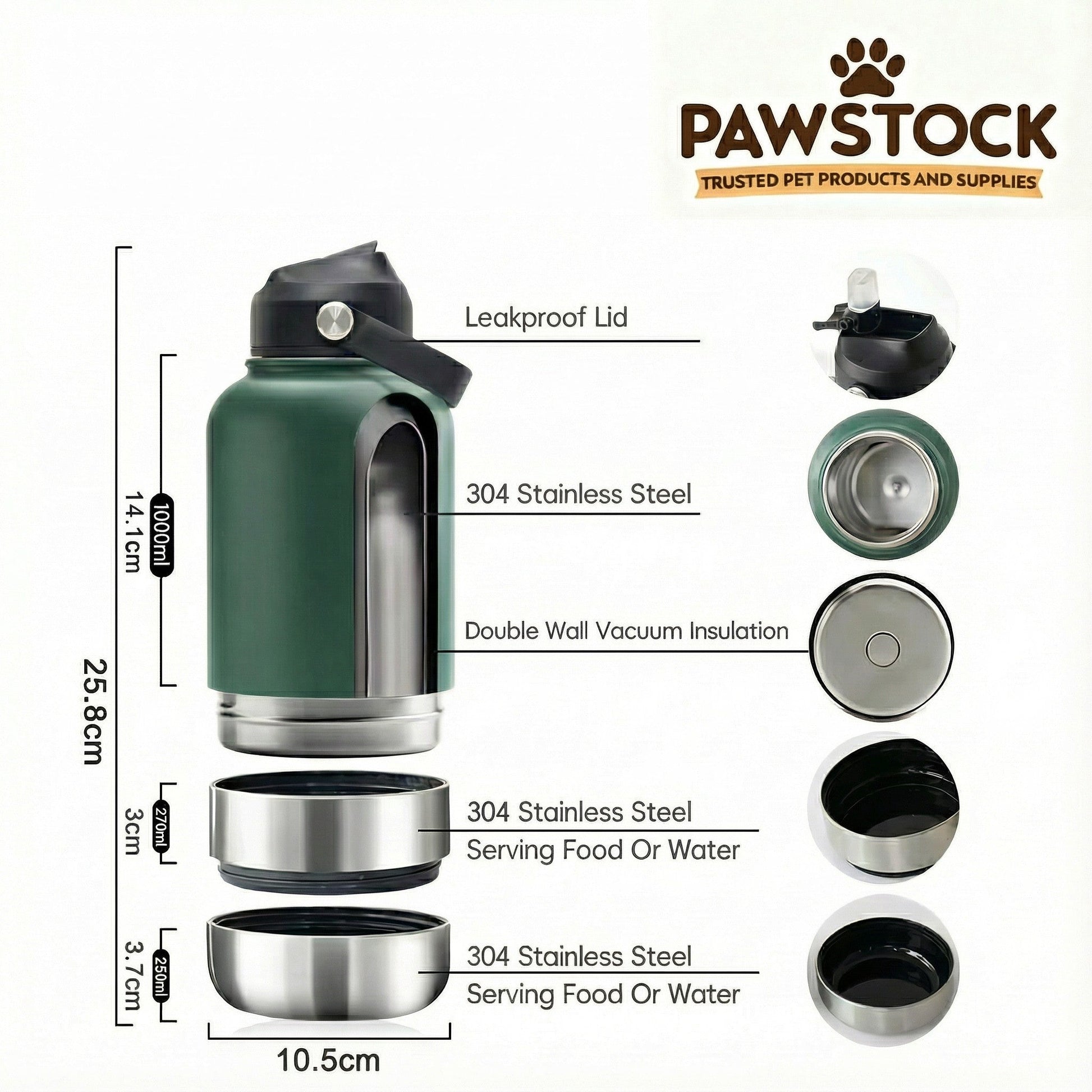 Pawstock 3-in-1 Insulated Dog Water Bottle with Dual Bowls – 1L Stainless Steel Travel Bottle - Navy - Image 6