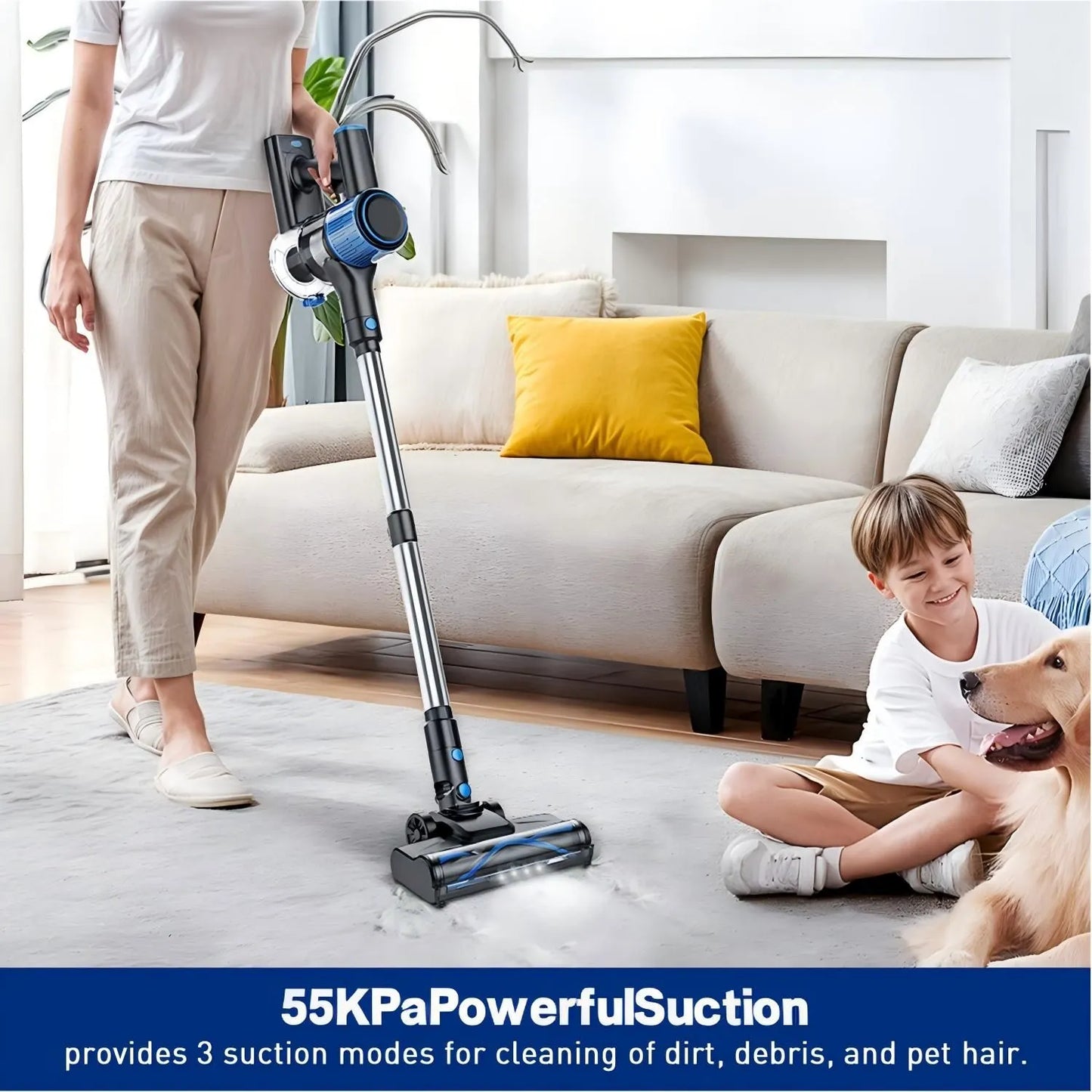 Cordless Vacuum Cleaner, 8 In 1 Powerful Suction Lightweight Vacuum Cleaner For Home, Led Display, 3 Suction Modes, 55Kpa Powerful Suction，45mins Detachable Battery Vacuum For Hard Floor Carpet Pet Hair - Image 2