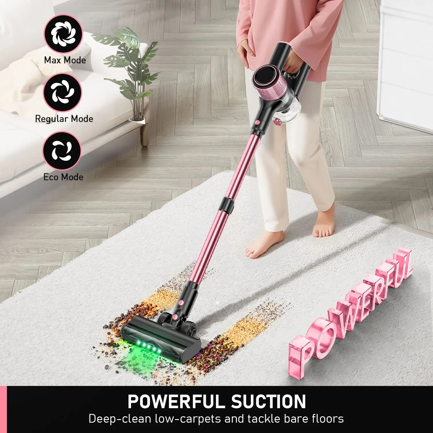 Cordless Vacuum Cleaner, 8 in 1 Powerful Suction Lightweight Vacuum Cleaner for Home, 55Kpa Powerful Suction，LED Display, 3 Suction Modes, 45Mins Detachable Battery Vacuum for Hard Floor Carpet Pet Hair - Image 2
