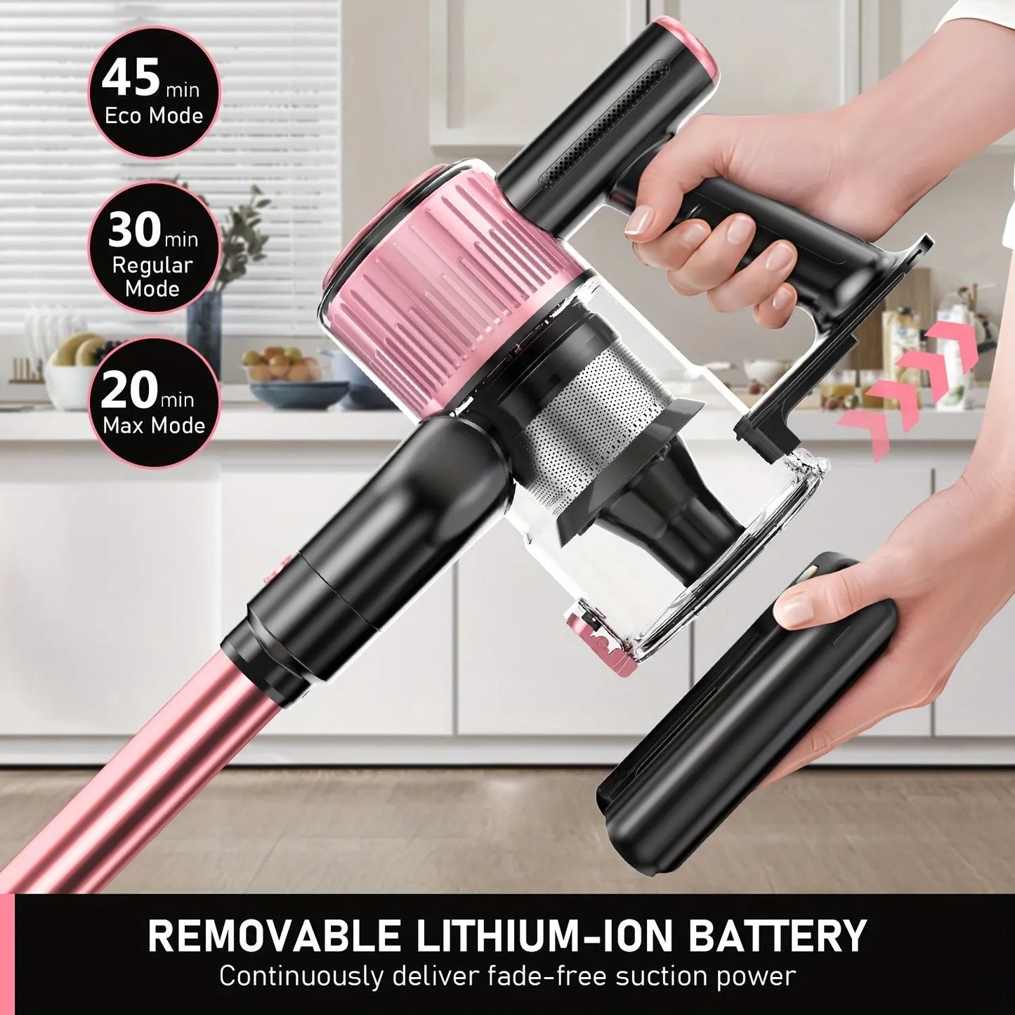 Cordless Vacuum Cleaner, 8 in 1 Powerful Suction Lightweight Vacuum Cleaner for Home, 55Kpa Powerful Suction，LED Display, 3 Suction Modes, 45Mins Detachable Battery Vacuum for Hard Floor Carpet Pet Hair - Image 7