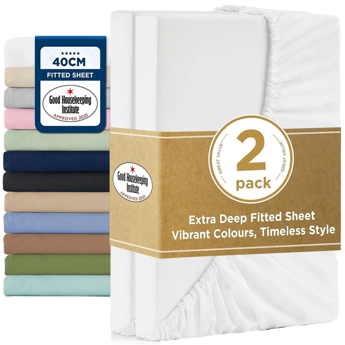 2000TC Hotel Quality Fitted Sheets - 2 Piece Fitted Sheets  -Breathable Bedding - Wrinkle, Fade, Stain Resistant- 16inch/40cm Deep Pocket Fitted Bed Sheets-Wrinkle and Fade Resistant,(White,Double)
