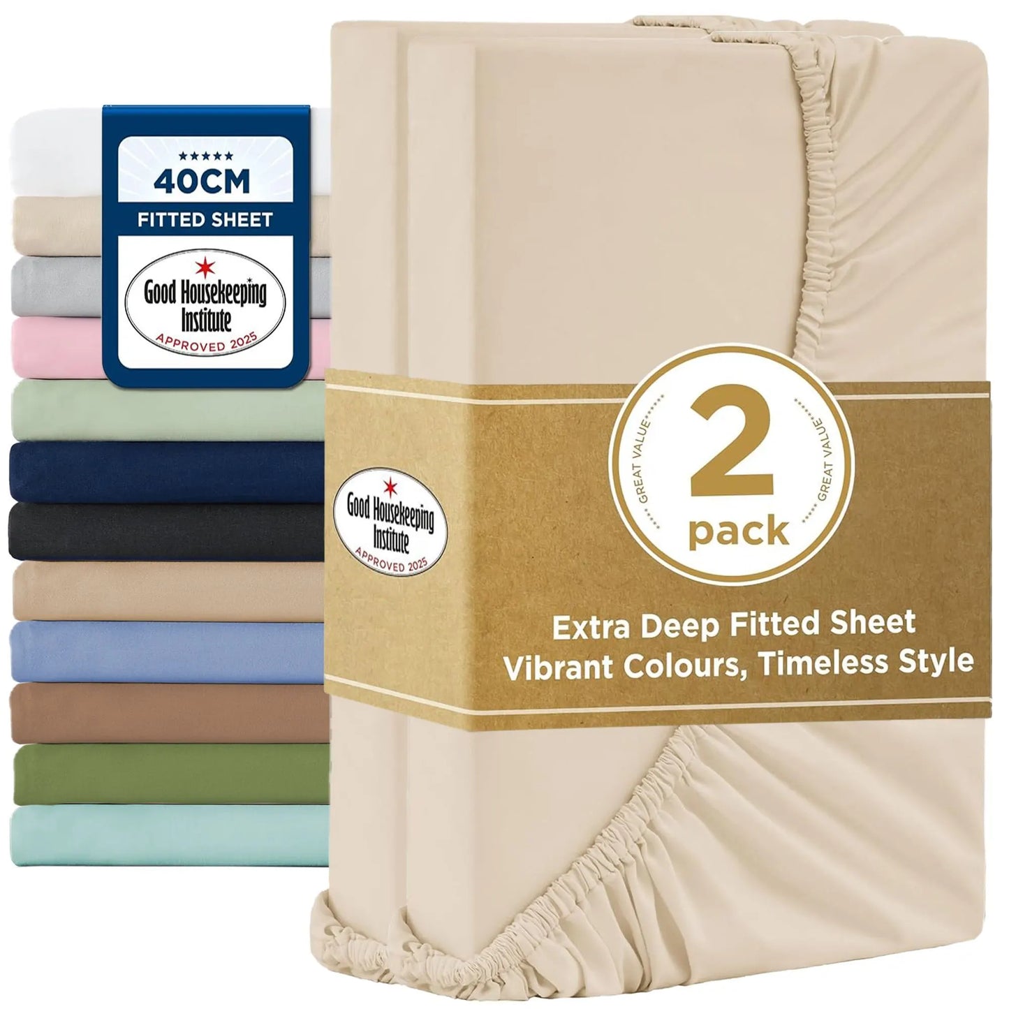 2000TC Hotel Quality Fitted Sheets - 2 Piece Fitted Sheets  -Breathable Bedding - Wrinkle, Fade, Stain Resistant- 16inch/40cm Deep Pocket Fitted Bed Sheets-Wrinkle and Fade Resistant,(Cream White,King Single)