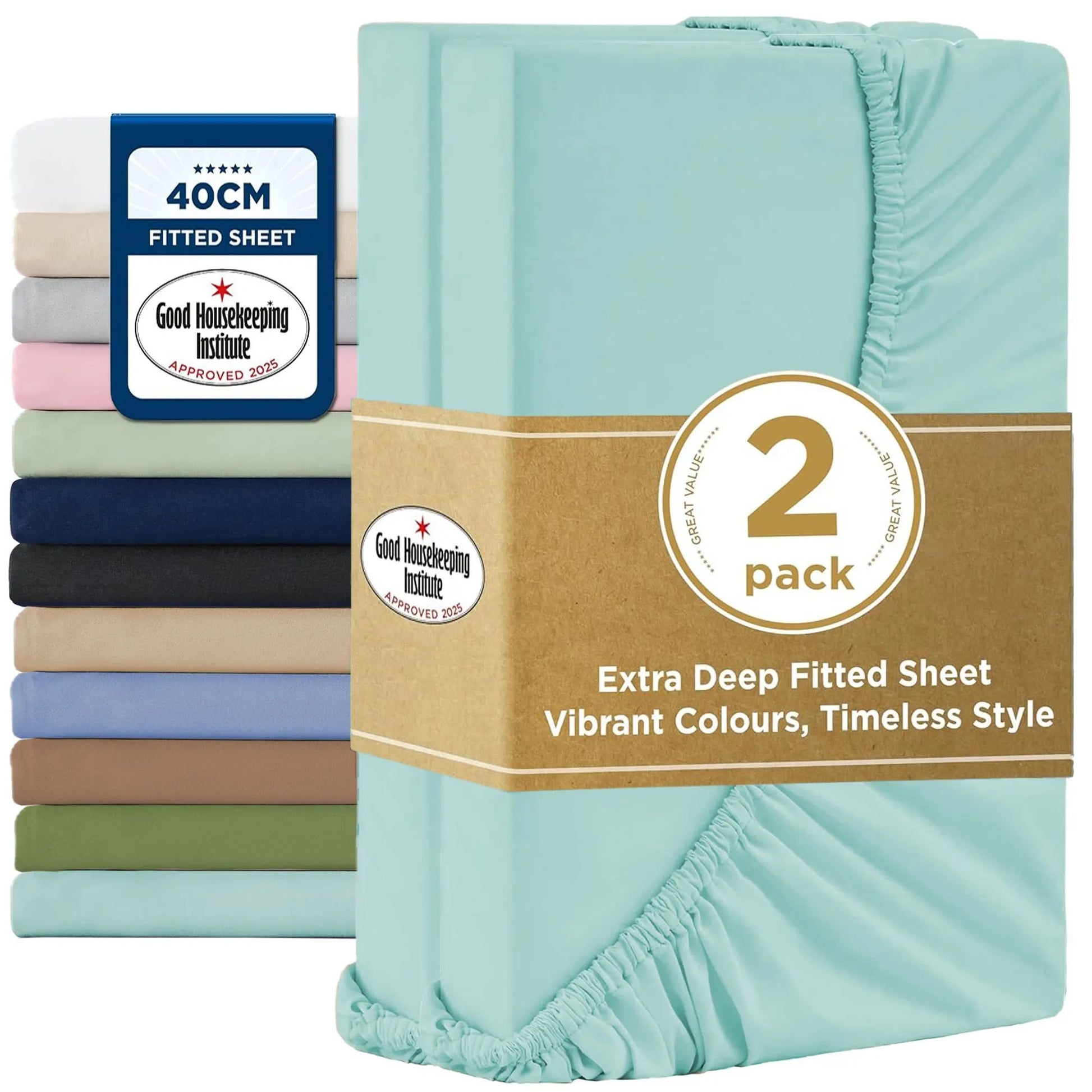 2000TC Hotel Quality Fitted Sheets - 2 Piece Fitted Sheets  -Breathable Bedding - Wrinkle, Fade, Stain Resistant- 16inch/40cm Deep Pocket Fitted Bed Sheets-Wrinkle and Fade Resistant,(Ice blue,Queen)