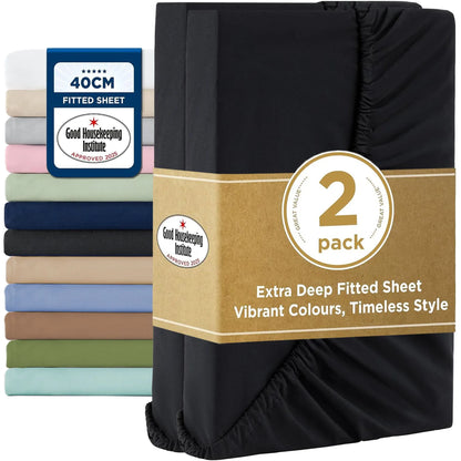 2000TC Hotel Quality Fitted Sheets - 2 Piece Fitted Sheets  -Breathable Bedding - Wrinkle, Fade, Stain Resistant- 16inch/40cm Deep Pocket Fitted Bed Sheets-Wrinkle and Fade Resistant,(Black,Single)