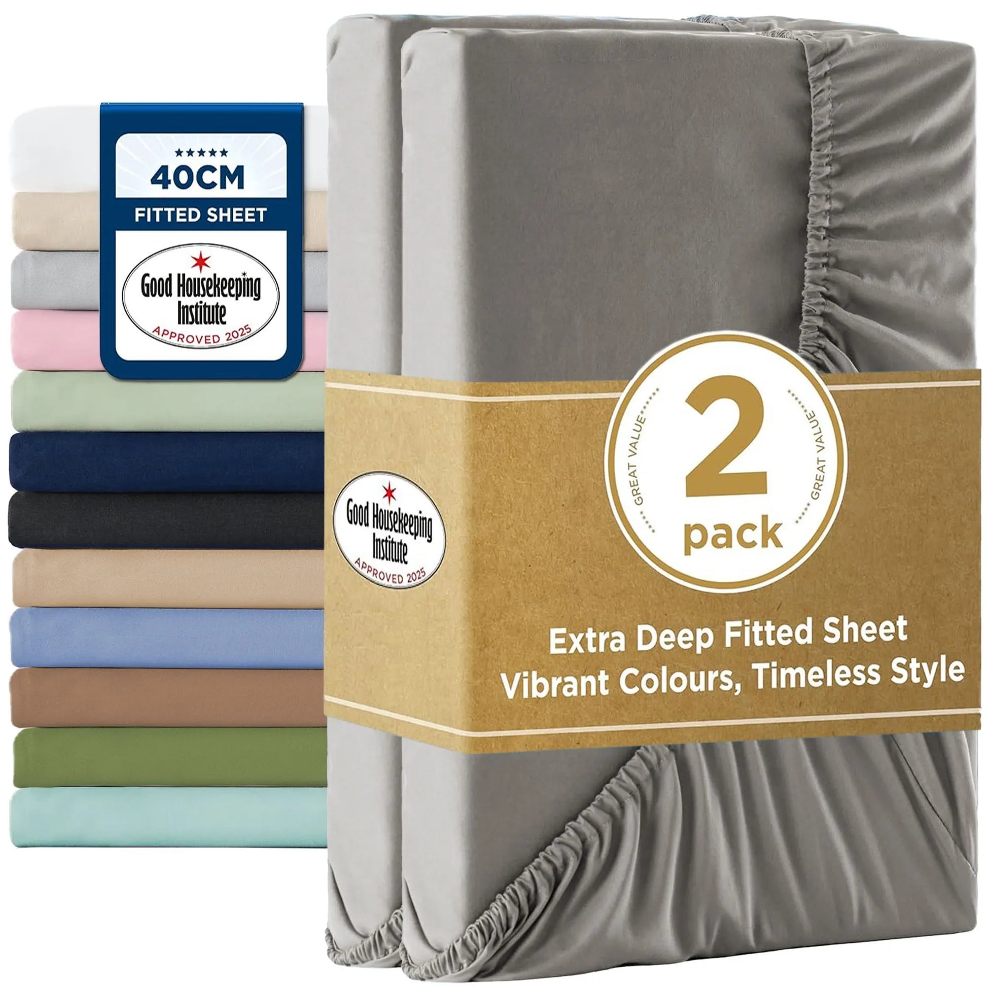 2000TC Hotel Quality Fitted Sheets - 2 Piece Fitted Sheets  -Breathable Bedding - Wrinkle, Fade, Stain Resistant- 16inch/40cm Deep Pocket Fitted Bed Sheets-Wrinkle and Fade Resistant,(Grey,Single)