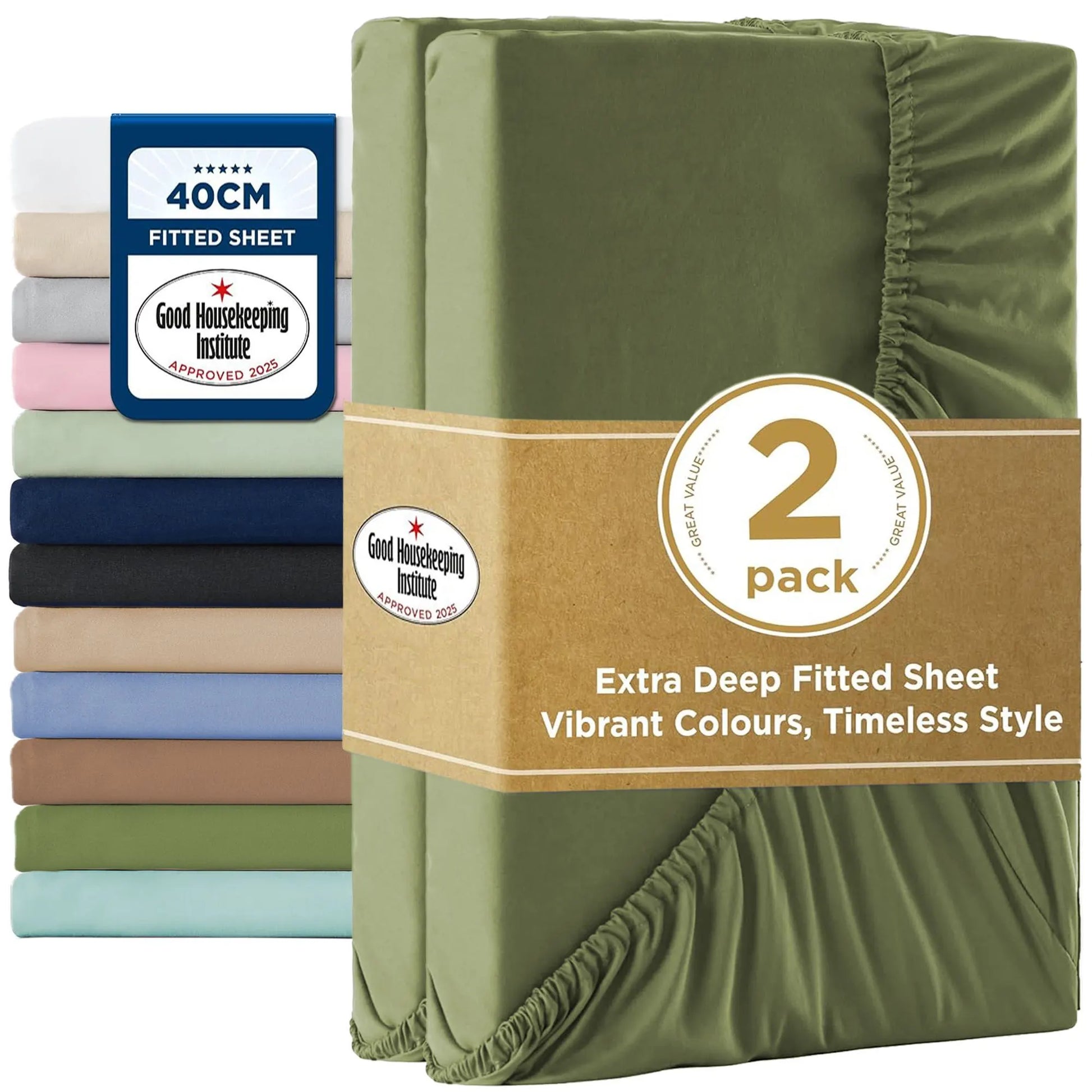 2000TC Hotel Quality Fitted Sheets - 2 Piece Fitted Sheets  -Breathable Bedding - Wrinkle, Fade, Stain Resistant- 16inch/40cm Deep Pocket Fitted Bed Sheets-Wrinkle and Fade Resistant,(Olive green,Super King)