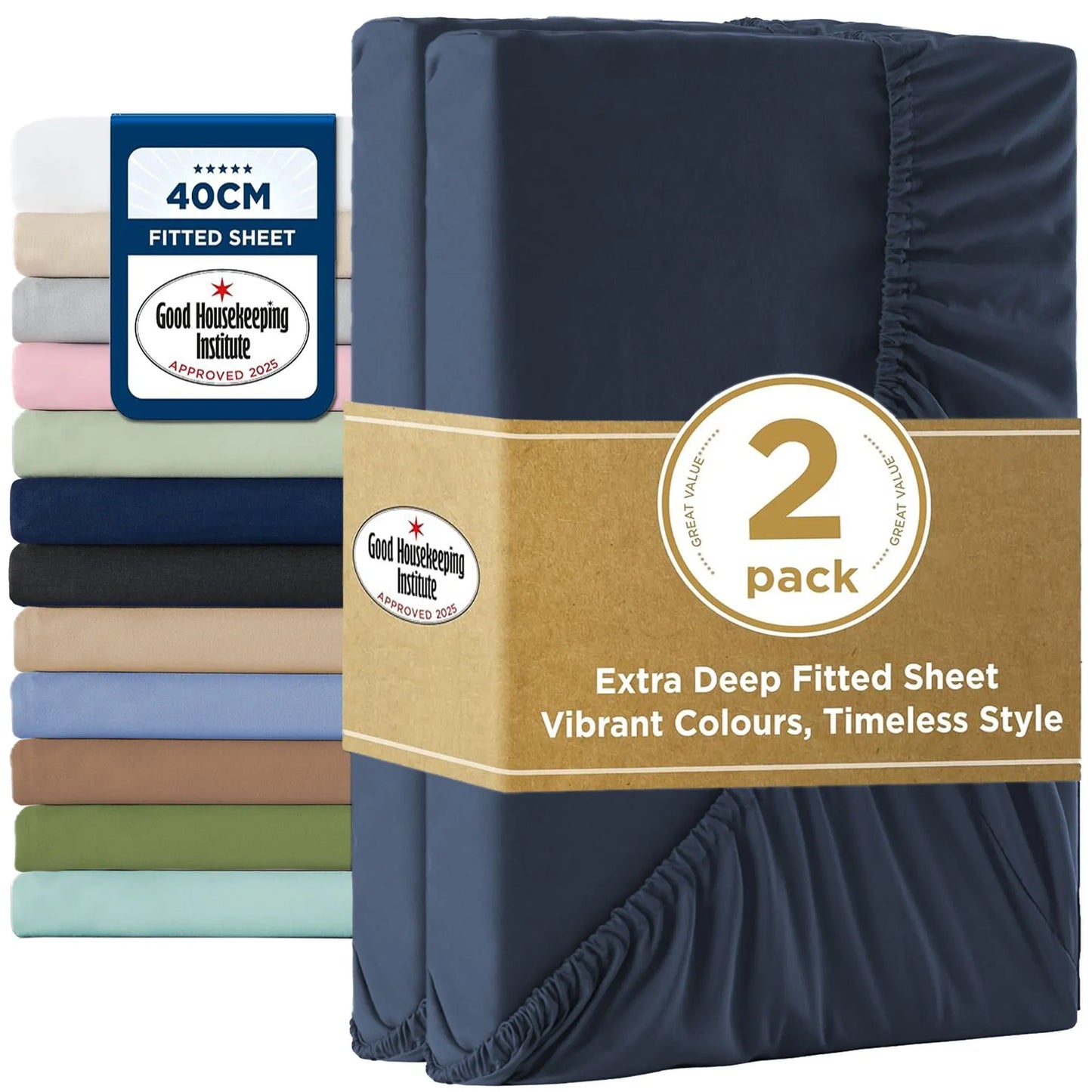 2000TC Hotel Quality Fitted Sheets - 2 Piece Fitted Sheets  -Breathable Bedding - Wrinkle, Fade, Stain Resistant- 16inch/40cm Deep Pocket Fitted Bed Sheets-Wrinkle and Fade Resistant,(Navy,Super King)
