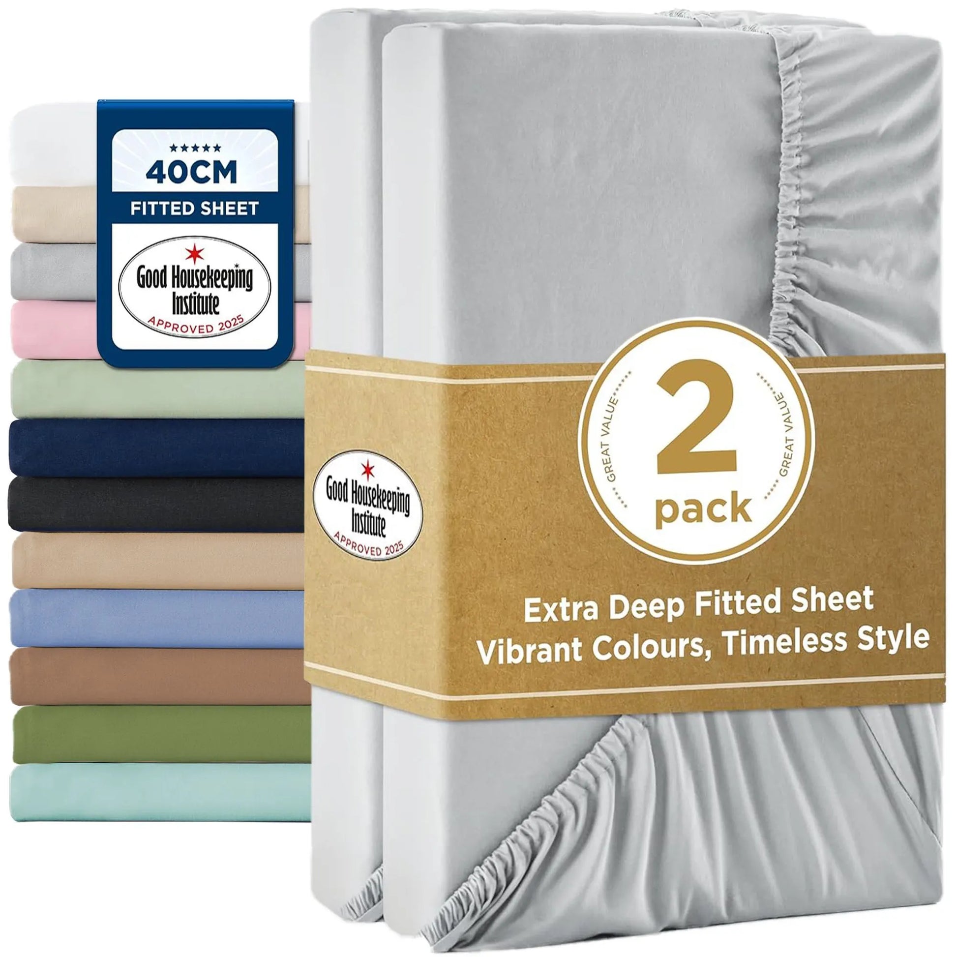 2000TC Hotel Quality Fitted Sheets - 2 Piece Fitted Sheets  -Breathable Bedding - Wrinkle, Fade, Stain Resistant- 16inch/40cm Deep Pocket Fitted Bed Sheets-Wrinkle and Fade Resistant,(Silver-gray,Super King)