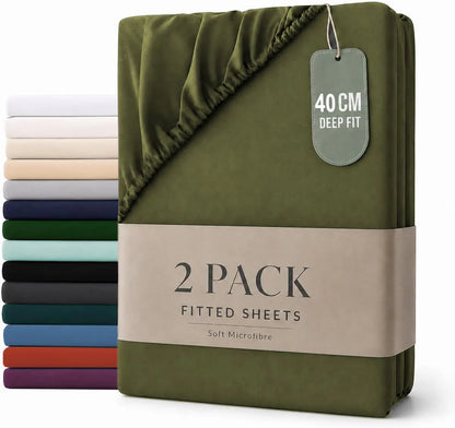 Hotel Quality Fitted sheets - 2 Piece Fitted sheets  -Breathable Bedding - Wrinkle, Fade, Stain Resistant- 26inch/40cm Deep Pocket Fitted Bed Sheet-Wrinkle and Fade Resistant,(Olive green,King Single)