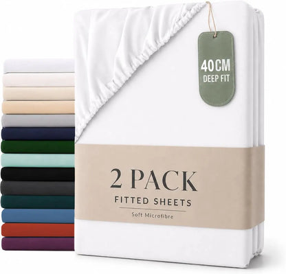 Hotel Quality Fitted sheets - 2 Piece Fitted sheets  -Breathable Bedding - Wrinkle, Fade, Stain Resistant- 26inch/40cm Deep Pocket Fitted Bed Sheet-Wrinkle and Fade Resistant,(White,Queen)