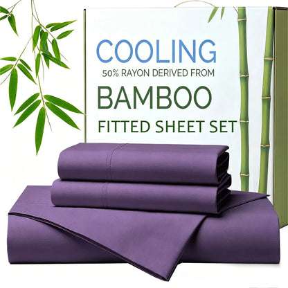 Hotel Breathable Bamboo Fitted Sheet & Pillowcase-3 Piece-Ultra Soft 2000TC Breathable Fitted Bed Sheets Set with 37 Centimetre Deep Pocket-Cooling Sheets for Hot Sleepers(Purple,Double)