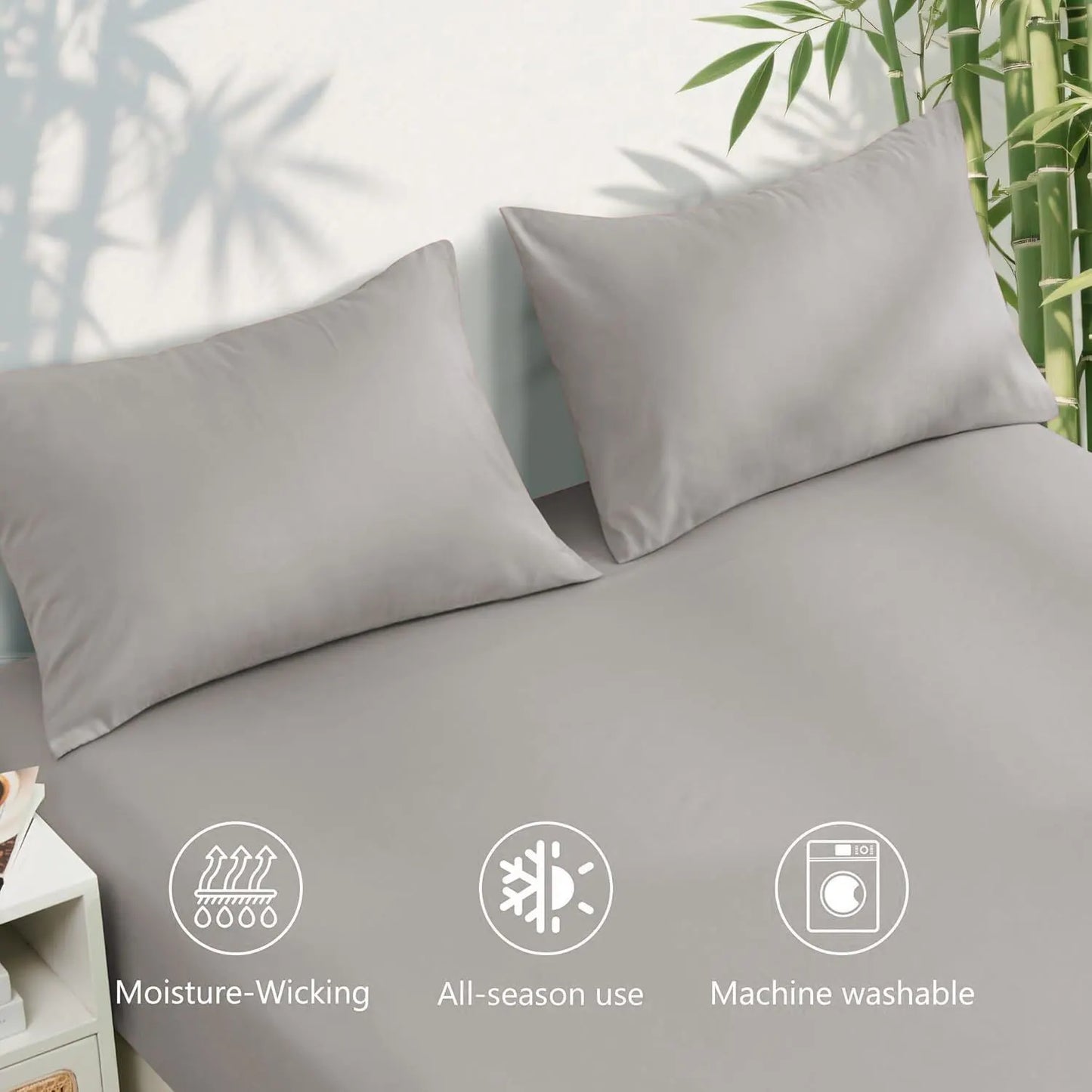 Hotel Breathable Bamboo Fitted Sheet & Pillowcase-3 Piece-Ultra Soft 2000TC Breathable Fitted Bed Sheets Set with 37 Centimetre Deep Pocket-Cooling Sheets for Hot Sleepers(Silver-gray,Double) - Image 4
