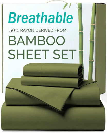 4 Piece Ultra Soft Bamboo Breathable Sheet Set -Hotel 2000TC Breathable Bed Sheets Set with 37 Centimetre Deep Pocket-Breathable Sheets for Hot Sleepers(Olive green,King)