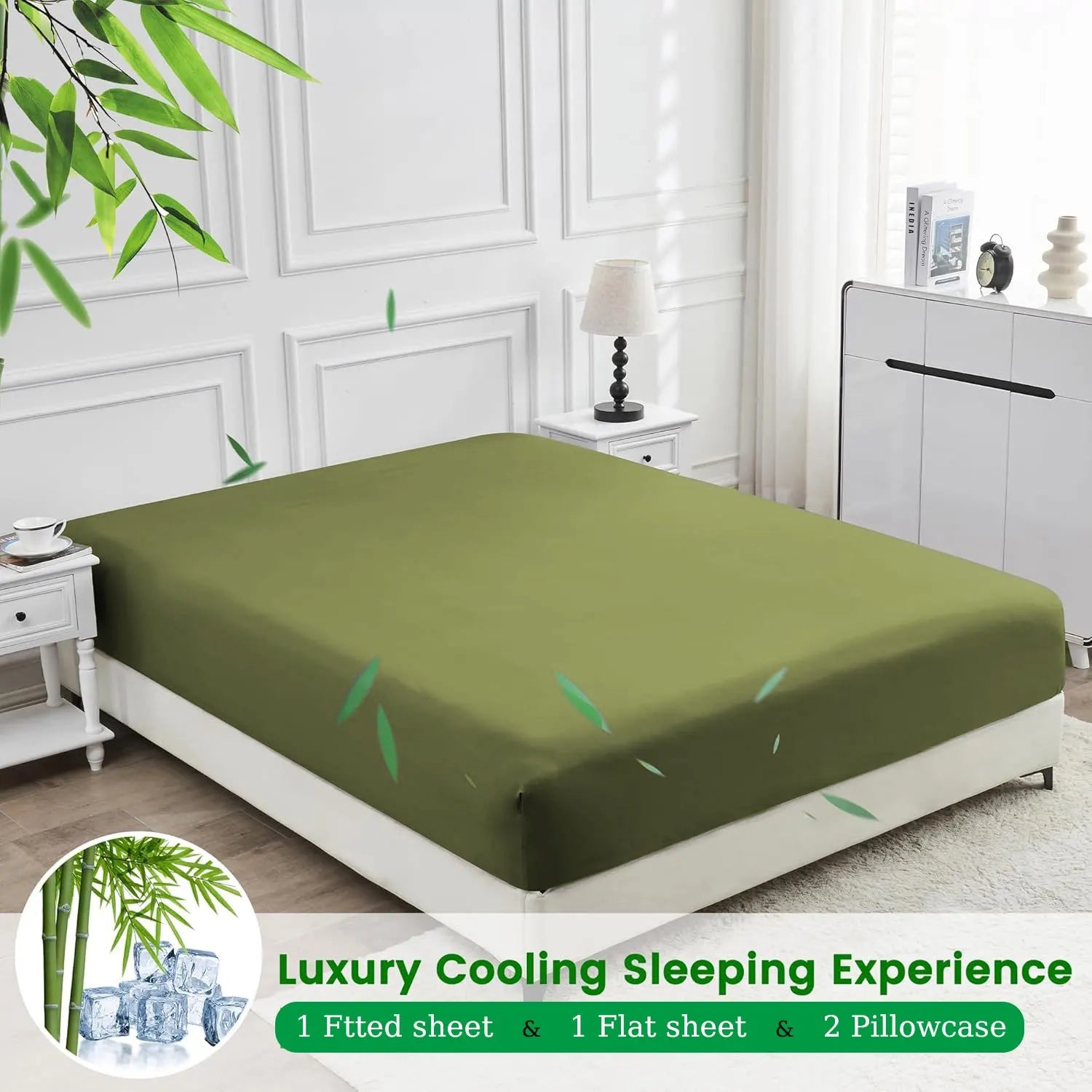 4 Piece Ultra Soft Bamboo Breathable Sheet Set -Hotel 2000TC Breathable Bed Sheets Set with 37 Centimetre Deep Pocket-Breathable Sheets for Hot Sleepers(Olive green,King) - Image 2