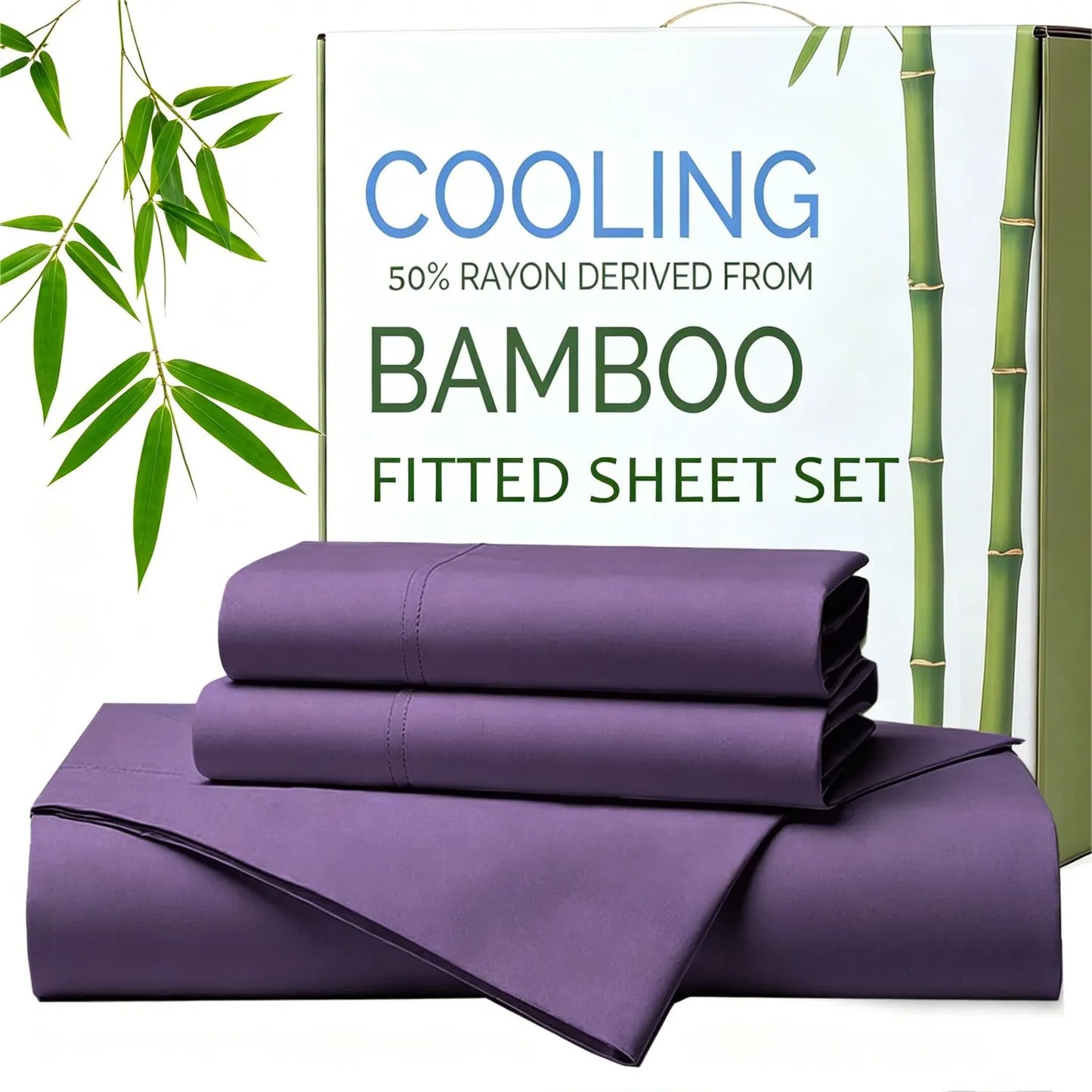 Hotel Breathable Bamboo Fitted Sheet & Pillowcase-3 Piece-Ultra Soft 2000TC Breathable Fitted Bed Sheets Set with 37 Centimetre Deep Pocket-Cooling Sheets for Hot Sleepers(Purple,Queen)