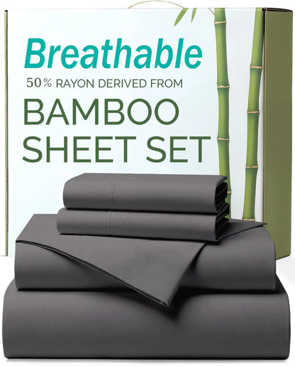 4 Piece Ultra Soft Bamboo Breathable Sheet Set -Hotel 2000TC Breathable Bed Sheets Set with 37 Centimetre Deep Pocket-Breathable Sheets for Hot Sleepers(Grey,Queen)