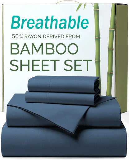 3 Piece Ultra Soft Bamboo Breathable Sheet Set -Hotel 2000TC Breathable Bed Sheets Set with 37 Centimetre Deep Pocket-Breathable Sheets for Hot Sleepers(Navy,Single)
