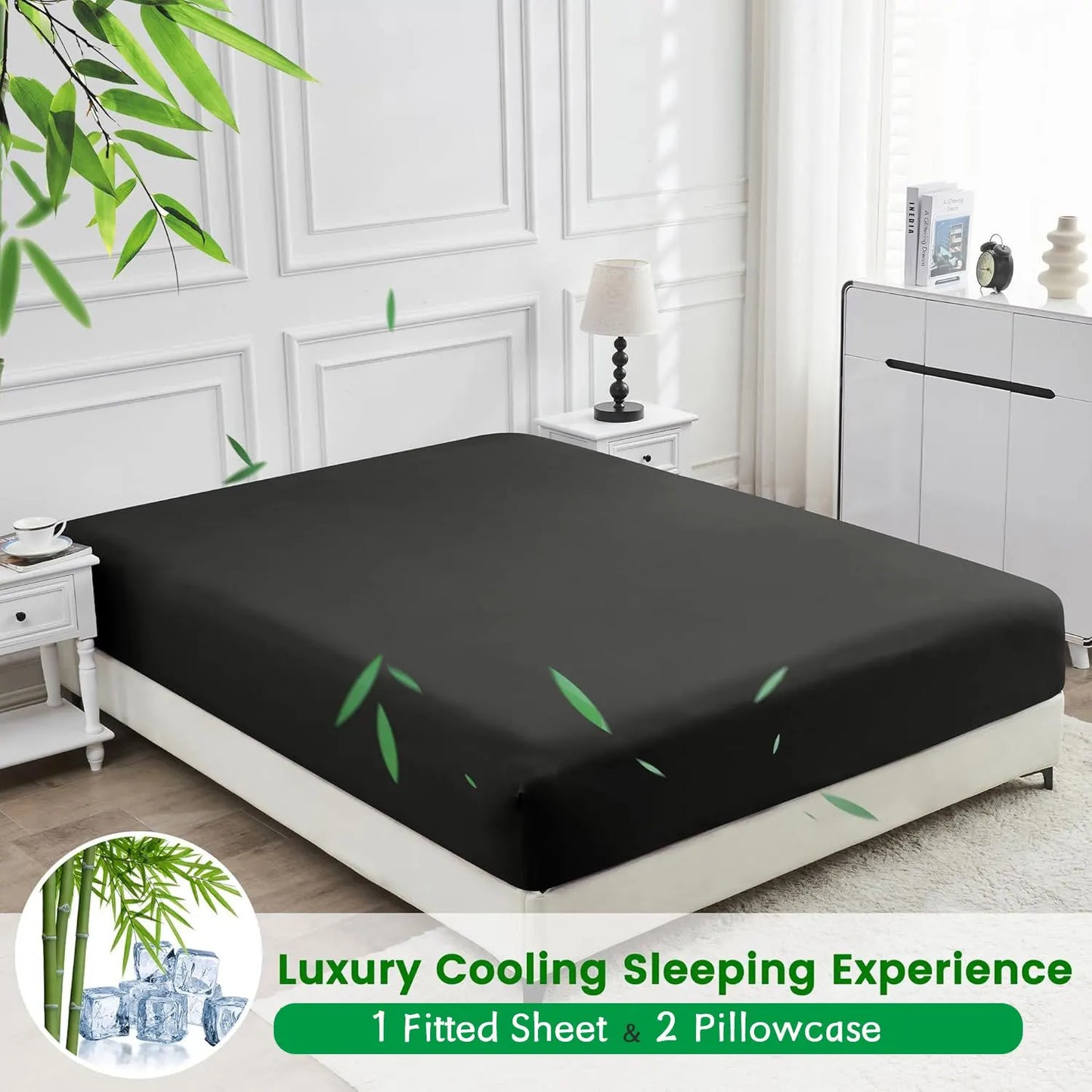 Hotel Breathable Bamboo Fitted Sheet & Pillowcase-3 Piece-Ultra Soft 2000TC Breathable Fitted Bed Sheets Set with 40 Centimetre Deep Pocket-Cooling Sheets for Hot Sleepers(Black,Super King) - Image 5
