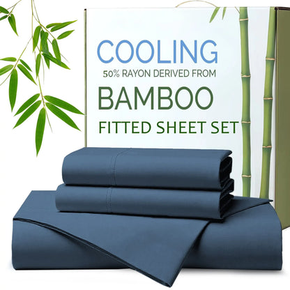 Hotel Breathable Bamboo Fitted Sheet & Pillowcase-3 Piece-Ultra Soft 2000TC Breathable Fitted Bed Sheets Set with 40 Centimetre Deep Pocket-Cooling Sheets for Hot Sleepers(Navy,Super King)