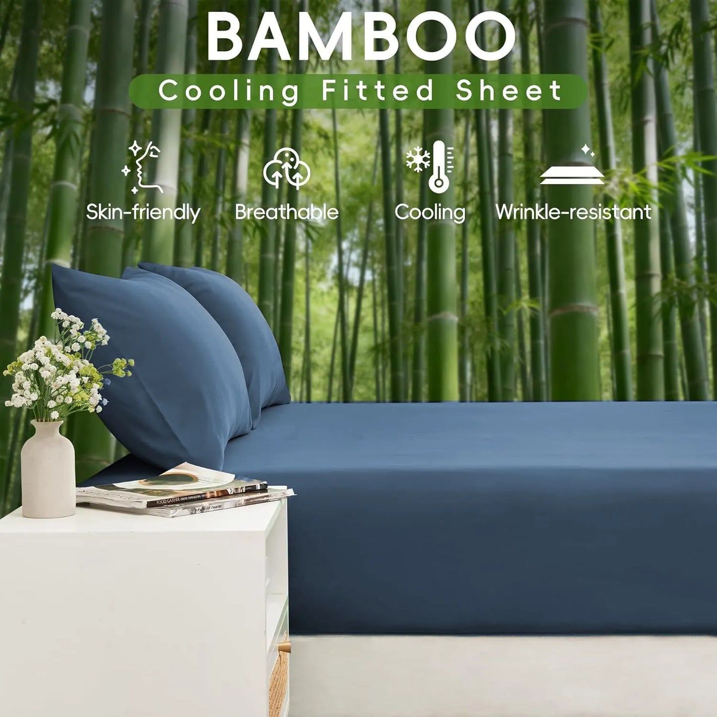 Hotel Breathable Bamboo Fitted Sheet & Pillowcase-3 Piece-Ultra Soft 2000TC Breathable Fitted Bed Sheets Set with 40 Centimetre Deep Pocket-Cooling Sheets for Hot Sleepers(Navy,Super King) - Image 2