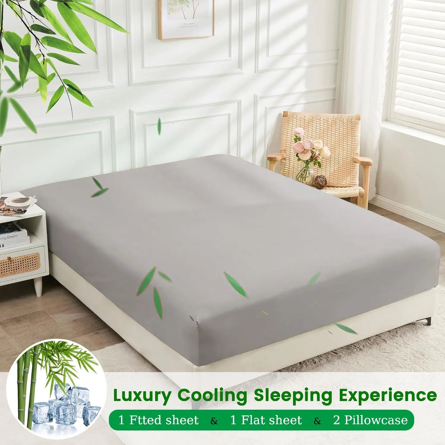 Hotel Breathable Bamboo Fitted Sheet & Pillowcase-3 Piece-Ultra Soft 2000TC Breathable Fitted Bed Sheets Set with 40 Centimetre Deep Pocket-Cooling Sheets for Hot Sleepers(Silver-gray,Super King) - Image 5