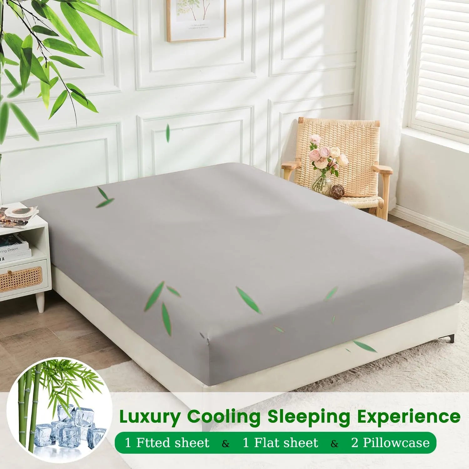 Hotel Breathable Bamboo Fitted Sheet & Pillowcase-3 Piece-Ultra Soft 2000TC Breathable Fitted Bed Sheets Set with 40 Centimetre Deep Pocket-Cooling Sheets for Hot Sleepers(Silver-gray,Super King) - Image 5