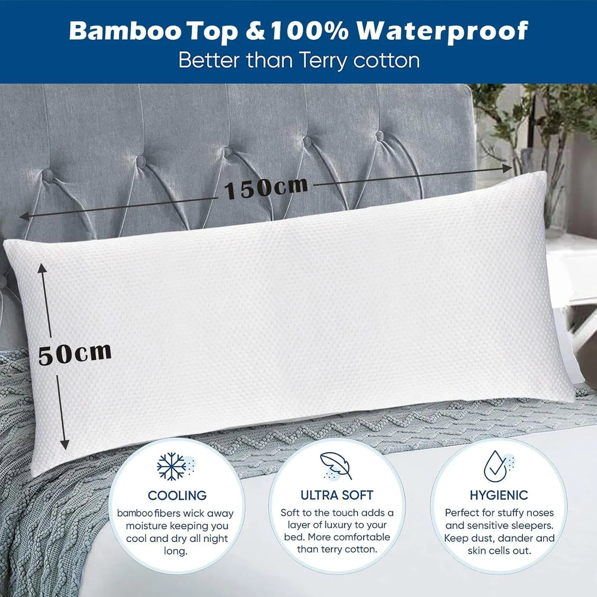 Waterproof Bamboo Pillow Protector Cover,100% Bug Water Proof Zippered Pillow Cases Body Size (1 Pack, White,50cm x 150cm) - Image 3