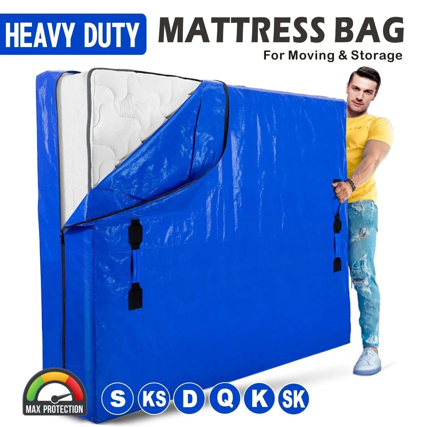 Mattress Bag Mattresses Protector Plastic Moving Storage Dust Cover Carry Bed Waterproof Zipper Packing Reusable Disposal, Extra Thick Heavy Duty, with Handles（King)