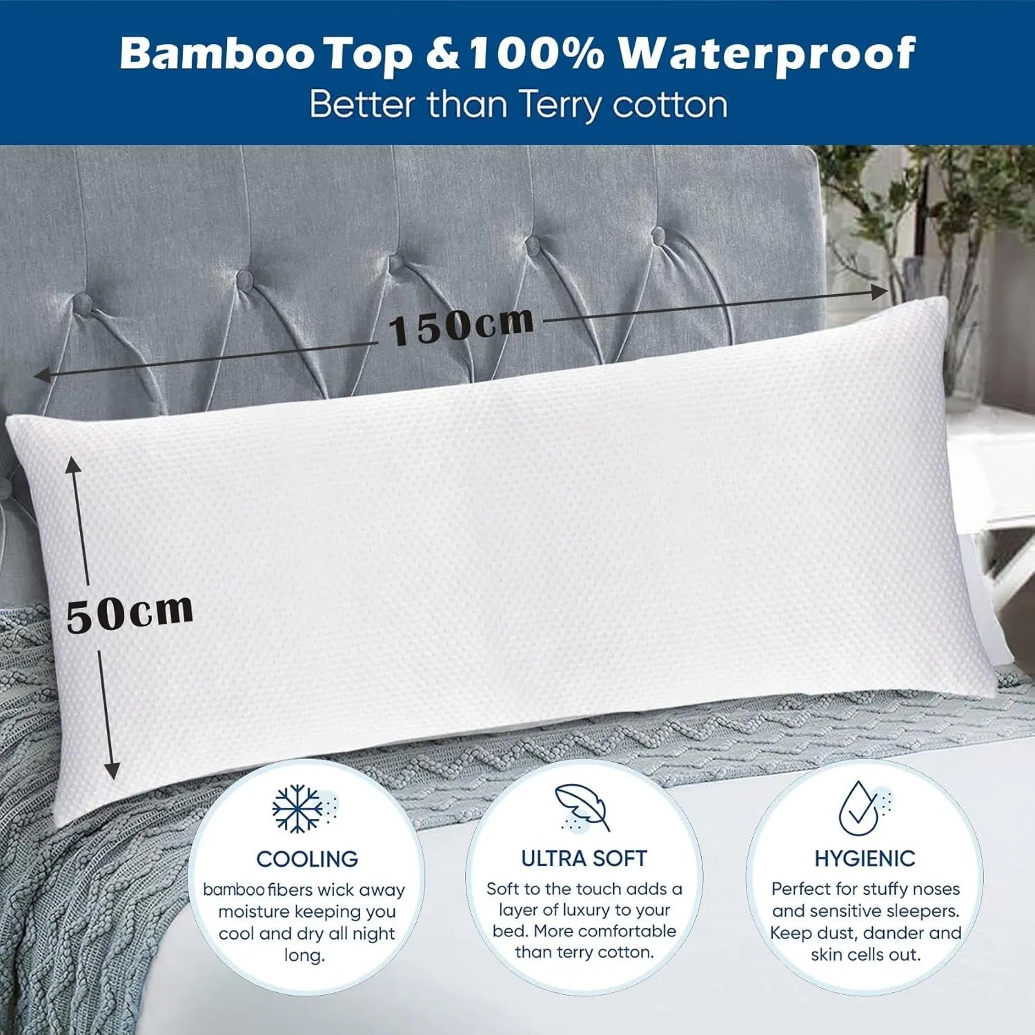 Waterproof Bamboo Pillow Protector Cover,100% Bug Water Proof Zippered Pillow Cases Body Size (1 Pack, White,50cm x 150cm) - Image 2