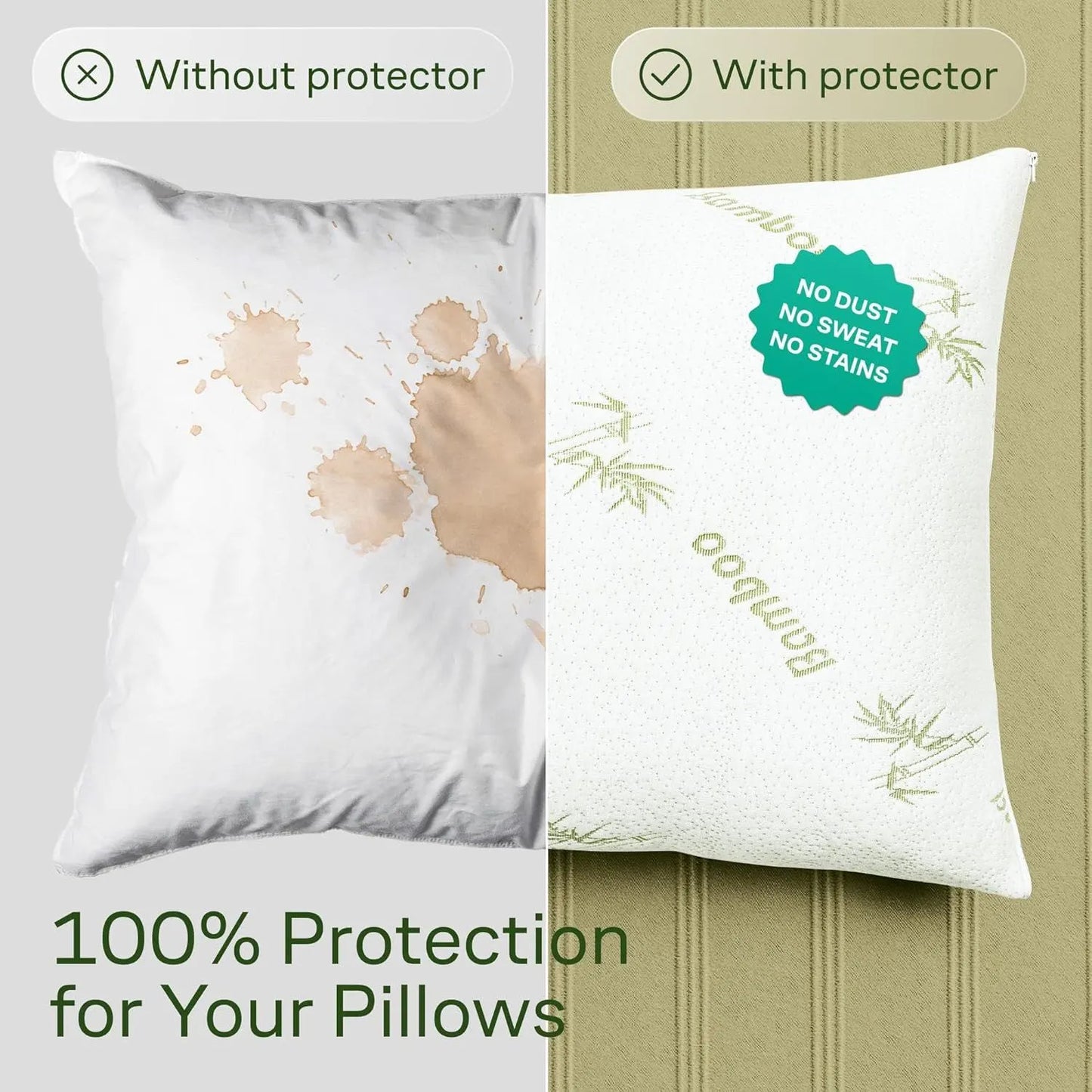 Waterproof Bamboo Pillow Protector Cover,100% Bug Water Proof Zippered Pillow Cases Standard/Queen Size ( 2 Pack,Green,48cm x 74cm) - Image 2