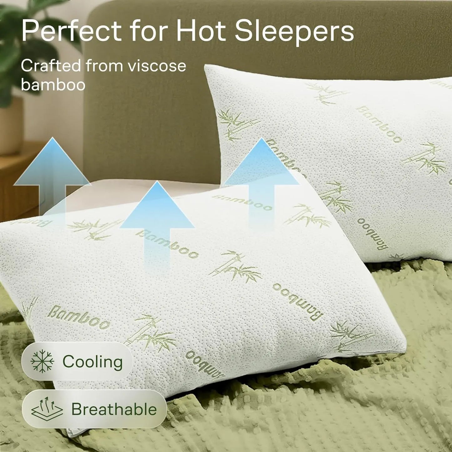Waterproof Bamboo Pillow Protector Cover,100% Bug Water Proof Zippered Pillow Cases Standard/Queen Size ( 2 Pack,Green,48cm x 74cm) - Image 4