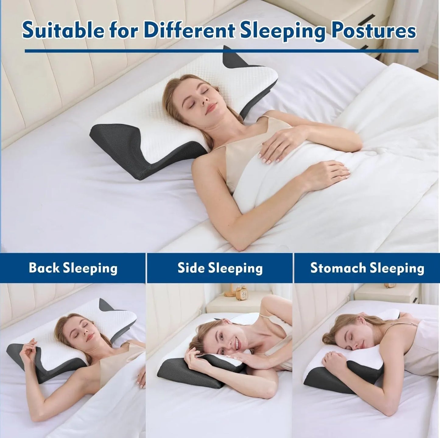 Cervical Neck Pillow for Neck Pain Relief, 2 in 1 Ergonomic Orthopedic Bed Pillow for Sleeping, Memory Foam Pillows for Side, Back & Stomach Sleepers with Removable Pillowcase(Black) - Image 4