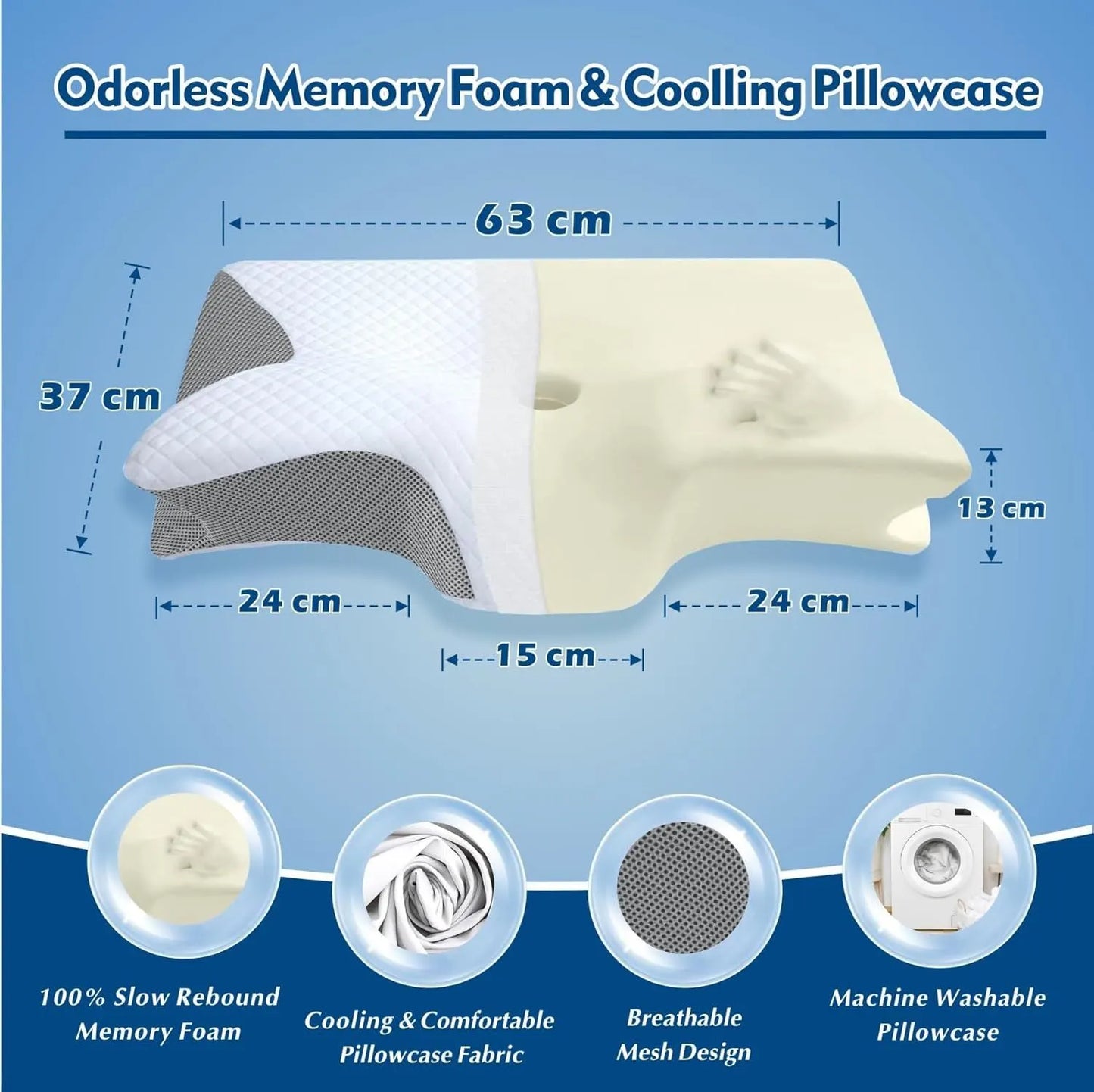 Cervical Neck Pillow for Neck Pain Relief, 2 in 1 Ergonomic Orthopedic Bed Pillow for Sleeping, Memory Foam Pillows for Side, Back & Stomach Sleepers with Removable Pillowcase(Grey) - Image 2