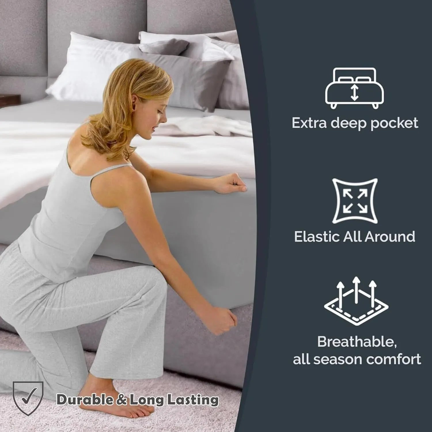 Hotel Quality Fitted Sheet - 1 Piece Fitted Sheet  -Breathable Bedding - Wrinkle, Fade, Stain Resistant- 16inch/40cm Deep Pocket Fitted Bed Sheet-Wrinkle and Fade Resistant,(Silver-gray,Double) - Image 4