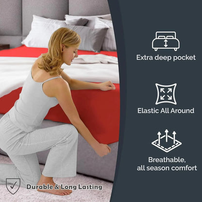 Hotel Quality Fitted Sheet - 1 Piece Fitted Sheet  -Breathable Bedding - Wrinkle, Fade, Stain Resistant- 16inch/40cm Deep Pocket Fitted Bed Sheet-Wrinkle and Fade Resistant,(Red,King) - Image 2