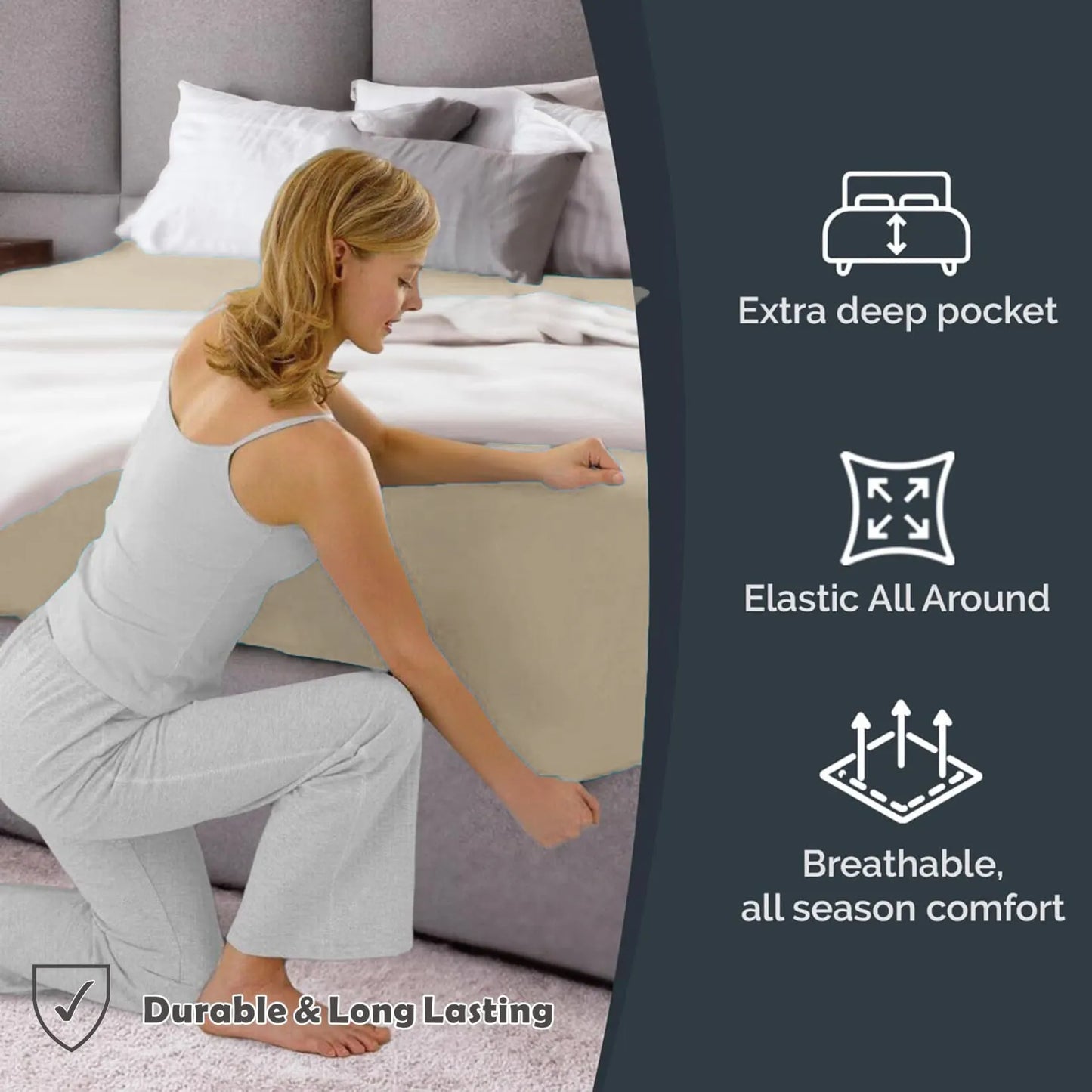 Hotel Quality Fitted Sheet - 1 Piece Fitted Sheet  -Breathable Bedding - Wrinkle, Fade, Stain Resistant- 16inch/40cm Deep Pocket Fitted Bed Sheet-Wrinkle and Fade Resistant,(Cream White,King) - Image 3